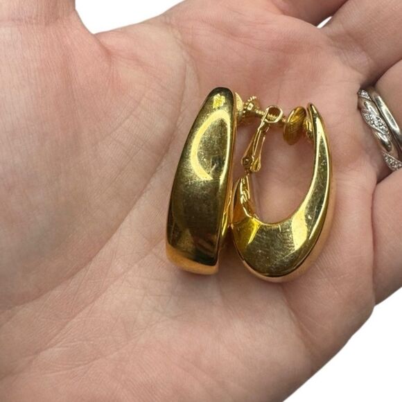 Napier Gold Toned Wide Oblong Hoops Screw Back Earrings - Picture 2 of 6